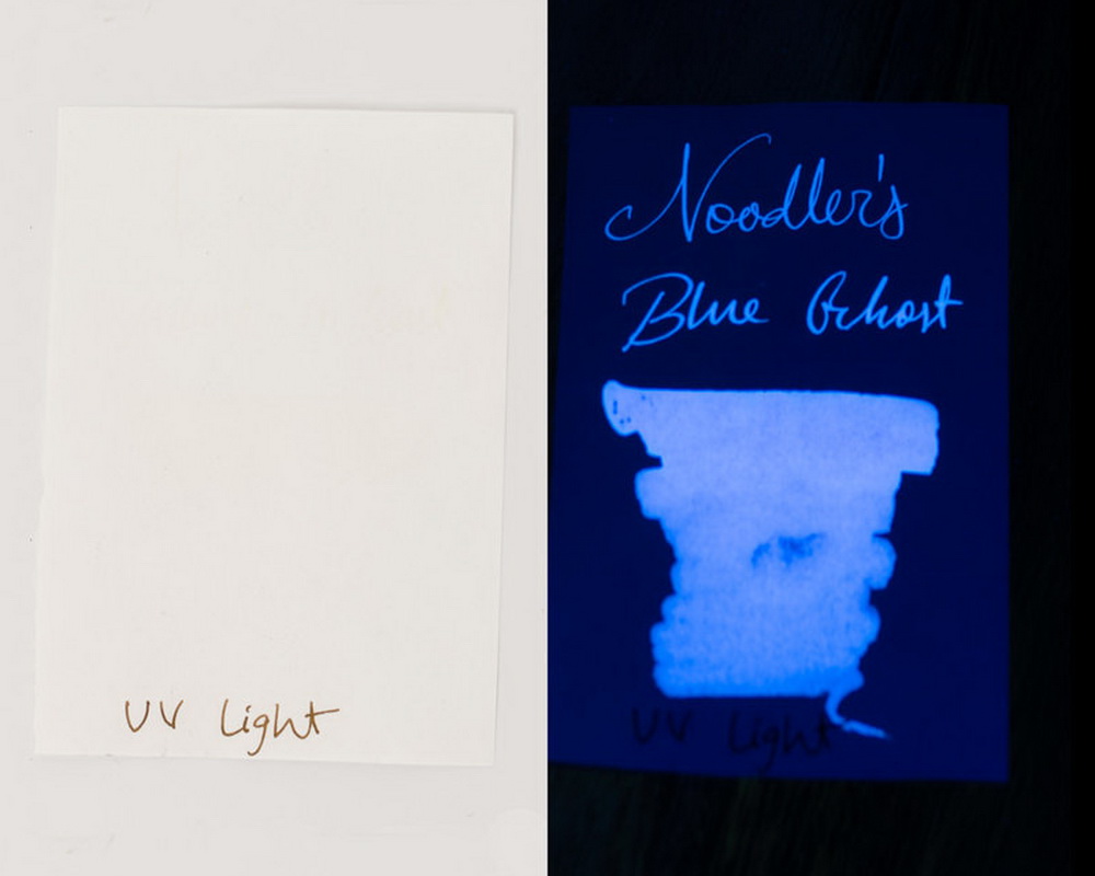 Флуоресцентные чернила на примере Noodler's Blue Ghost Fluorescent Bulletproof. Источник: https://www.dromgooles.com/noodlers-blue-ghost.html